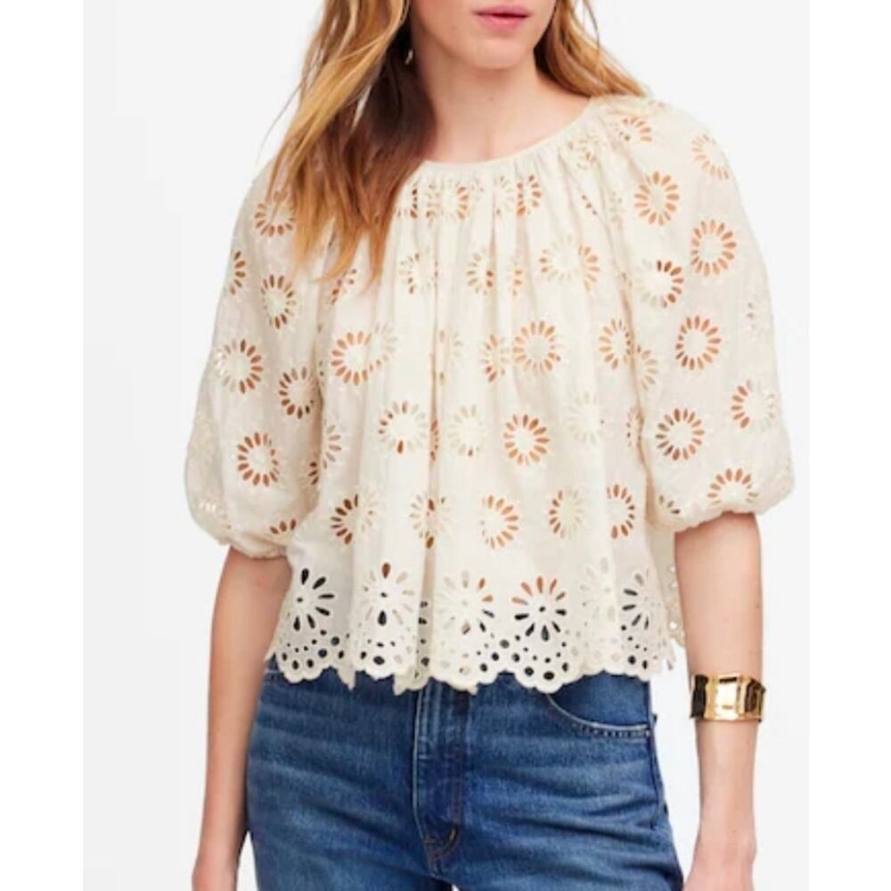Madewell Embroidered Shirred Puff-Sleeve Top Size S NWT